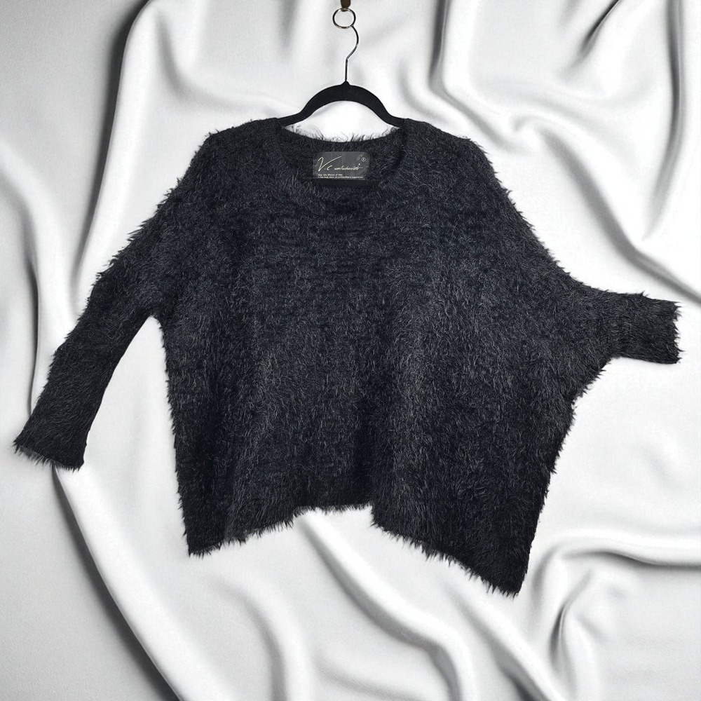 V.C‎ VanillaChocolate Black Fuzzy Knit Sweater Pullover Oversized Asymmetrical